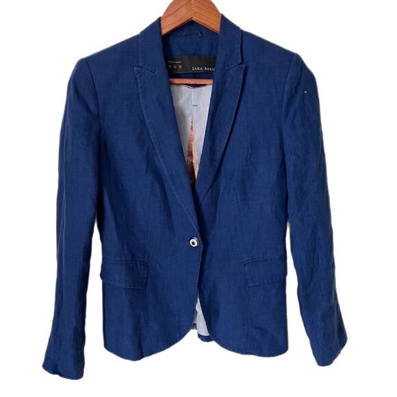 Zara Women's Linen Cobalt Blue One Button Blazer Suit Jacket - Picture 8 of 8
